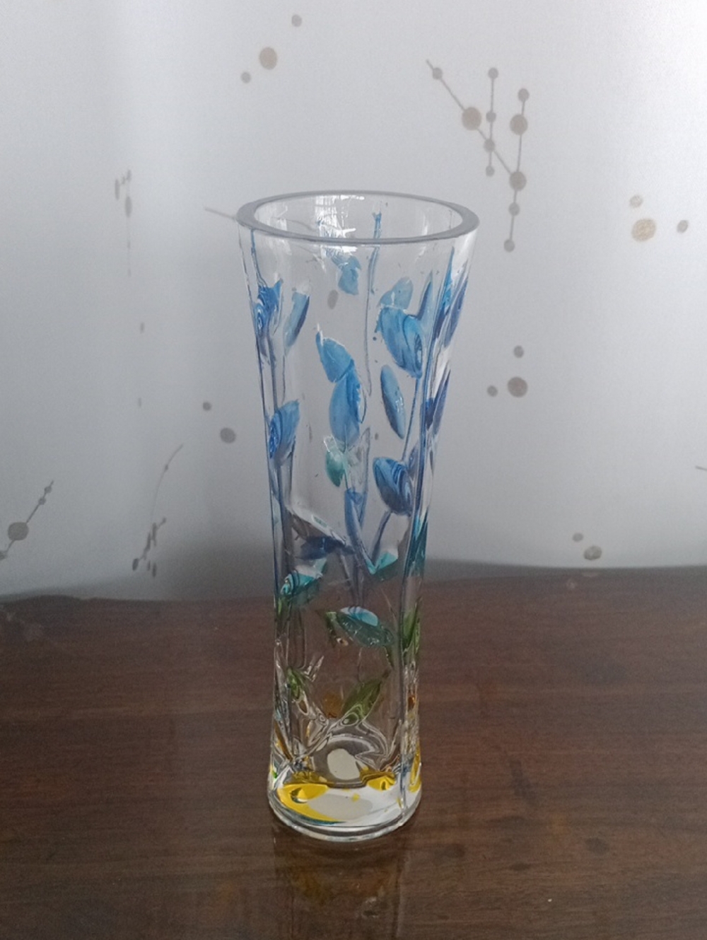 Hand-Painted Blue Floral Glass Vase